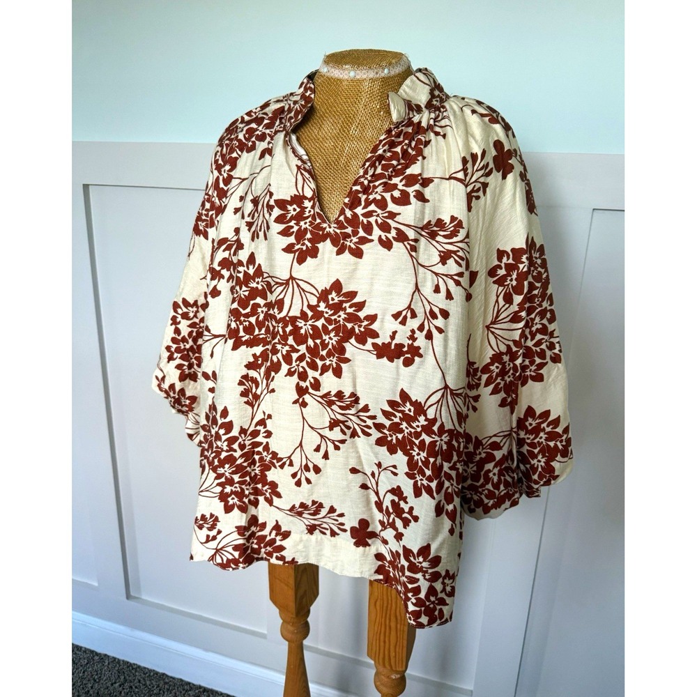 Umgee Floral V-Neck Blouse L Ivory Brown Puff Sleeve Ruffle Lightweight office
